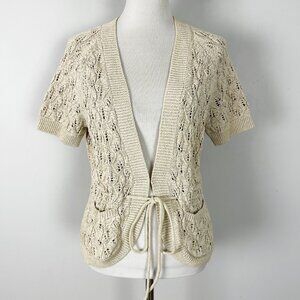 Y2K Loft Beige Crochet Cardigan Sweater Tie Waist Feminine Spring Size Large Wom